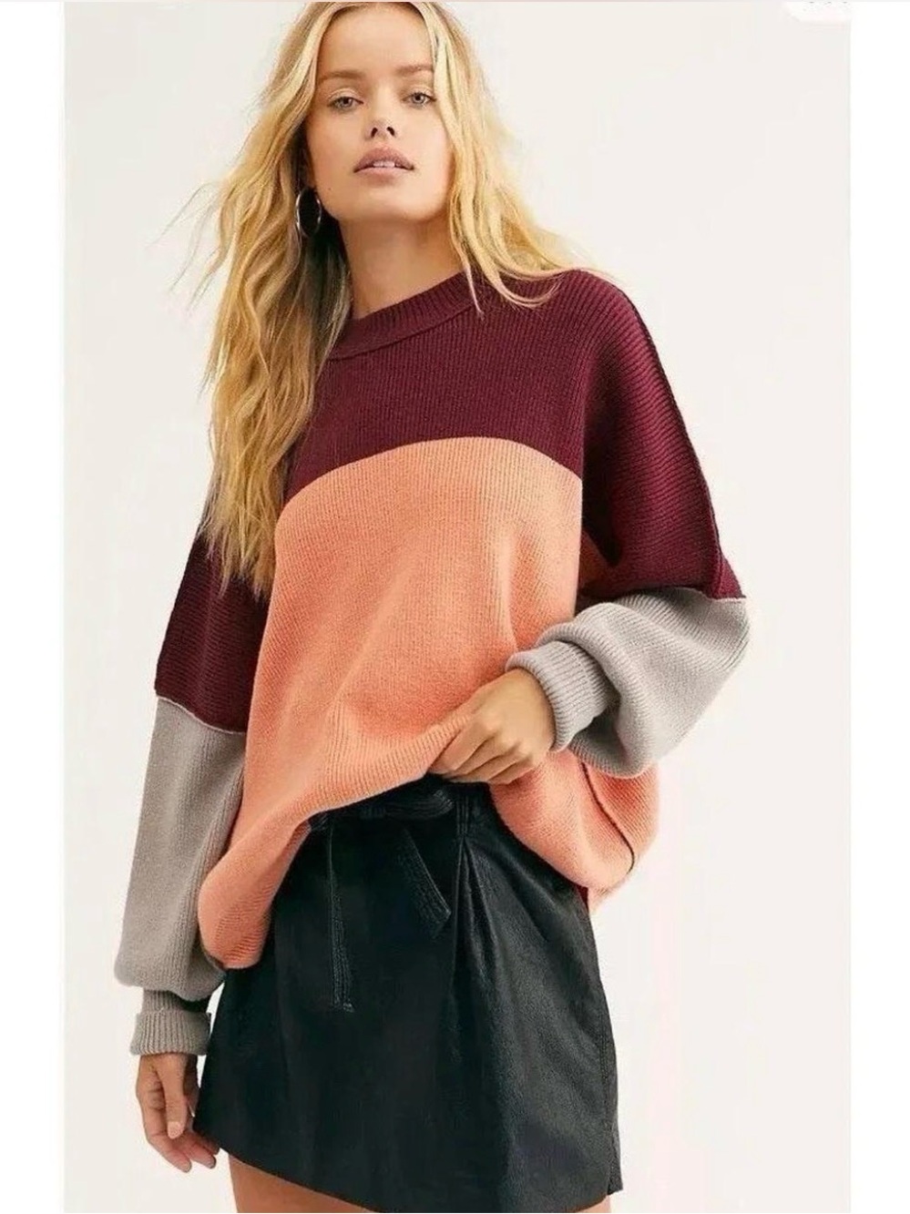 Free People Easy Street Colorblock Ribbed Oversized Sweater Burgundy Peach XS